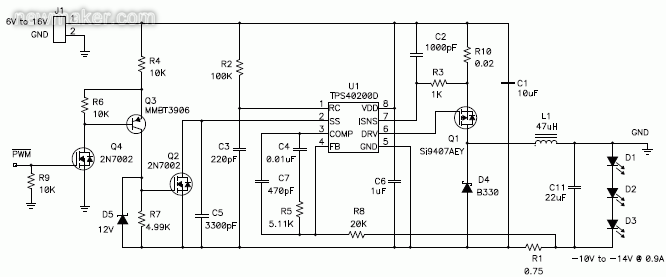 利用負(fù)輸出電壓,以升降壓拓樸調(diào)節(jié)恒定LED電流