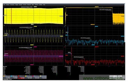 使用縮放功能選通FFT的例子。在437μs和1.42ms處采集的兩個5μs縮放波形顯示了作為時間函數的頻率的差別。