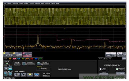 紅色曲線F2(中心)顯示了掃頻正弦波FFT中的每個頻率的峰值或最大值。曲線F1(底部)是沒有應用最高或最大值的FFT。F2描述符盒子顯示了最高功能的設置