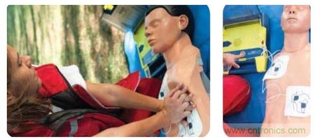 胸部按壓CPR(左圖)迫使血液循環，為大腦及其它生命器官供血，直到AED重啟心臟(右圖)。