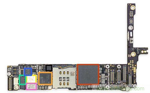 iPhone 6 Plus主板采用1GB RAM的蘋果A8 SoC作為核心部件。（來源：iFixit）